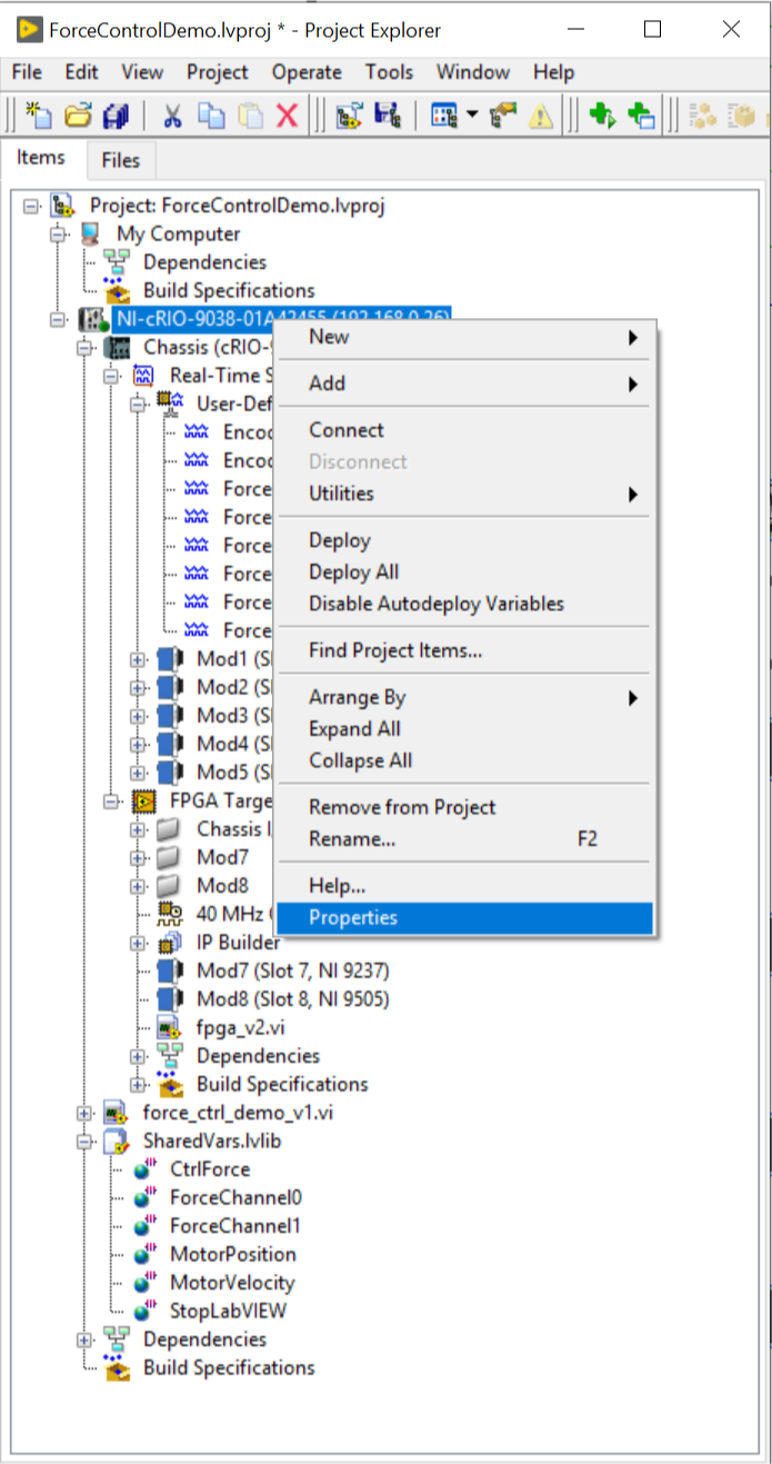 LabVIEW cRIO controller properties